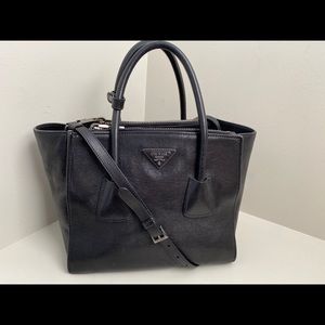PRADA Black Glace Calf Leather Twin Pocket Handbag